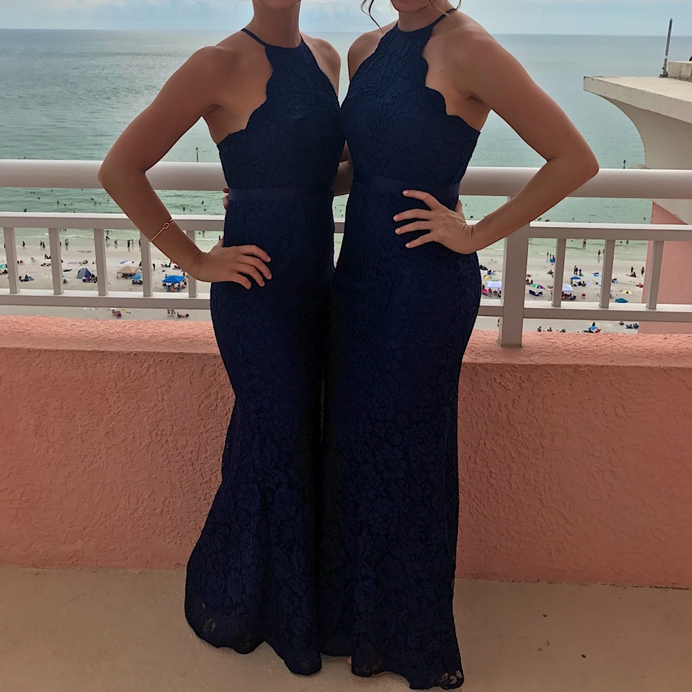 Navy, lace maxi halter dress